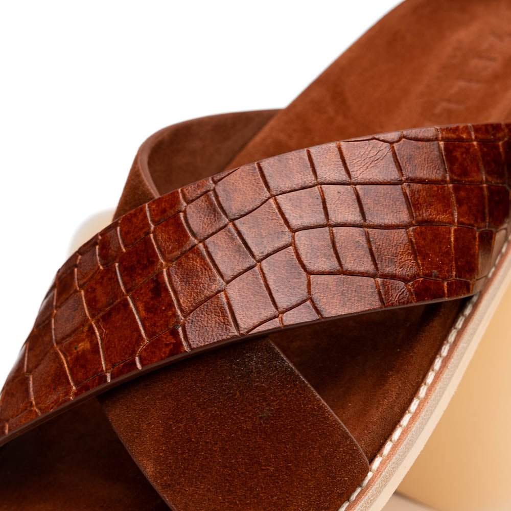 06 - 101 - Cgn Rena Italian Goatskin Suede Croc Embossed Slide Cognac by Zelli Italia – Don't Panic Shoes