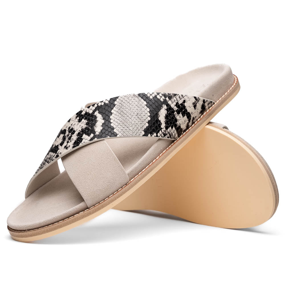 06 - 105 - Tpe Rena Italian Goatskin Suede Python Embossed Slide Taupe by Zelli Italia – Don't Panic Shoes