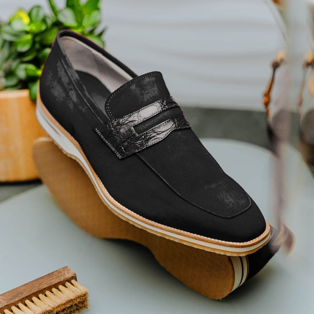 11 - 020 - Blk Meo 3 Sueded Goatskin Penny Loafer, Black Sale by Zelli Italia – Don't Panic Shoes