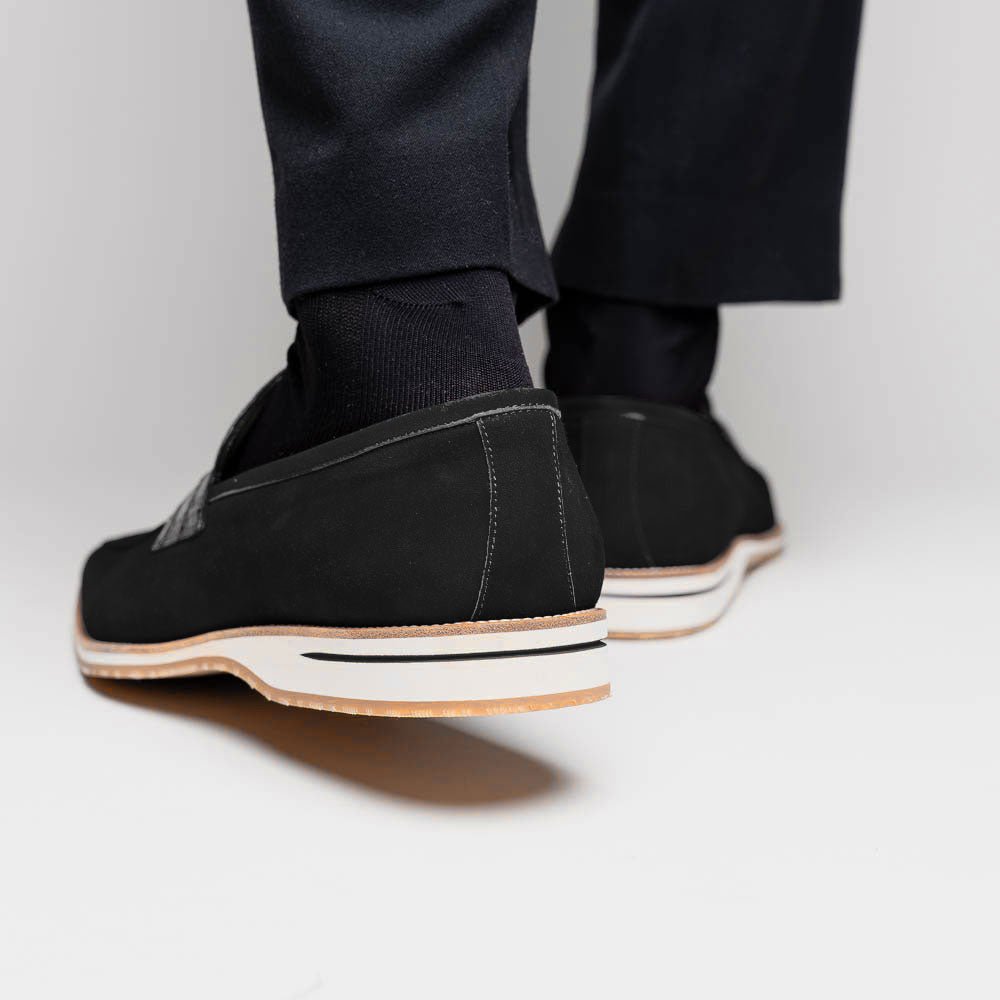11 - 020 - Blk Meo 3 Sueded Goatskin Penny Loafer, Black Sale by Zelli Italia – Don't Panic Shoes
