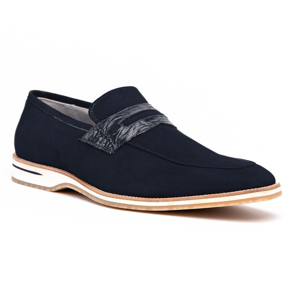 11 - 020 - Nvy Meo 3 Sueded Goatskin Penny Loafer, Navy Shop by Zelli Italia – Don't Panic Shoes