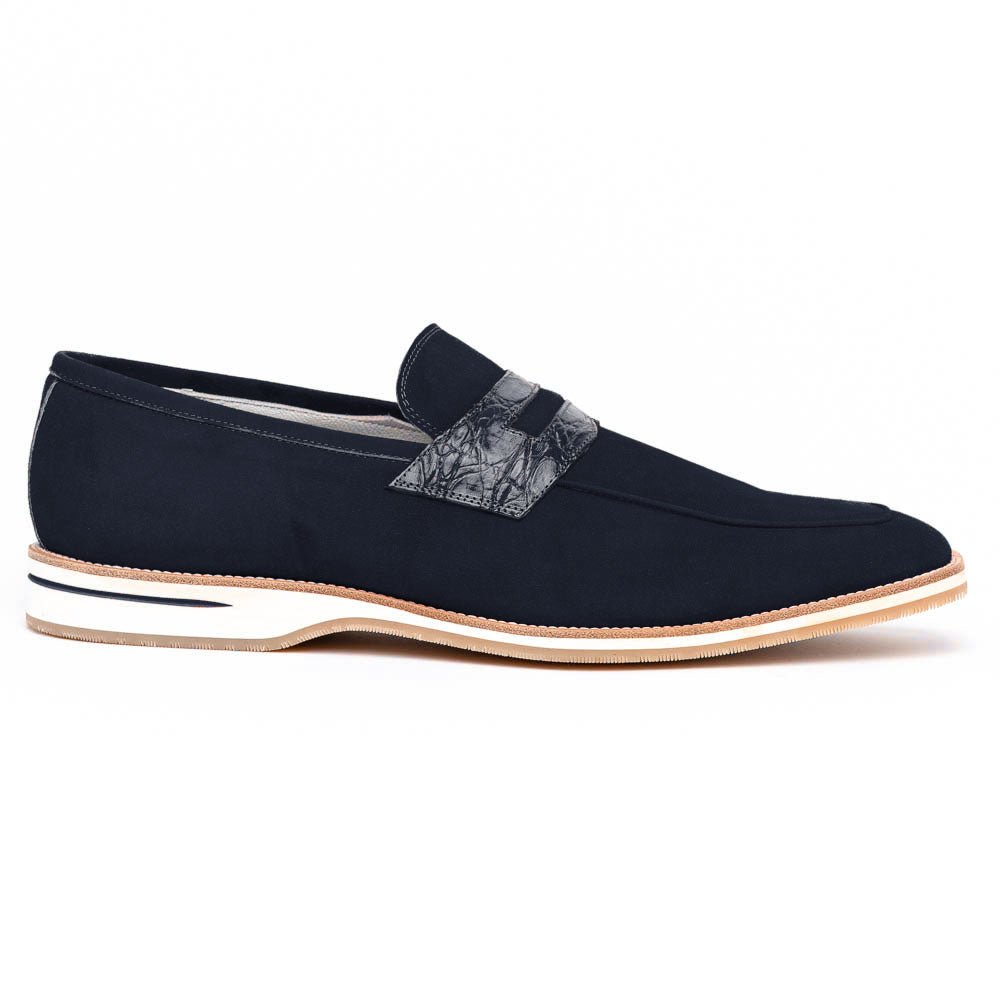 11 - 020 - Nvy Meo 3 Sueded Goatskin Penny Loafer, Navy Shop by Zelli Italia – Don't Panic Shoes