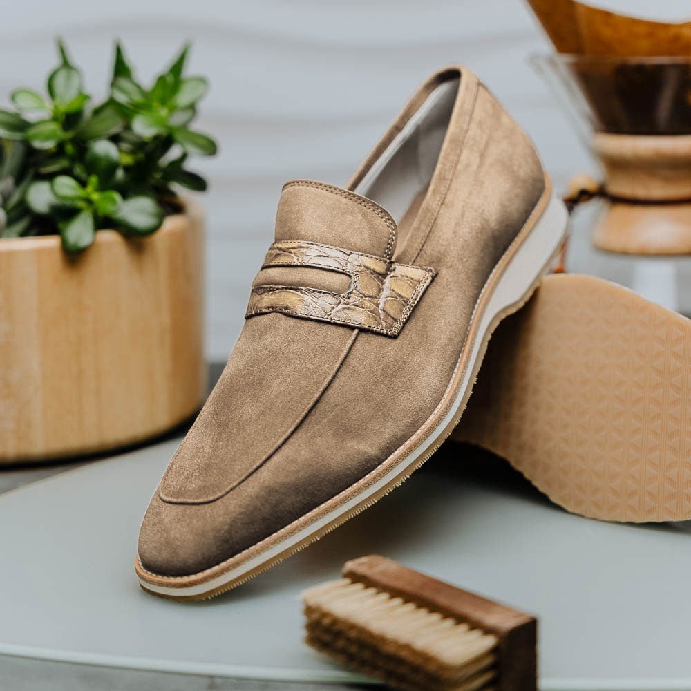 11 - 020 - Tpe Meo 3 Sueded Goatskin Penny Loafer, Taupe Shop by Zelli Italia – Don't Panic Shoes