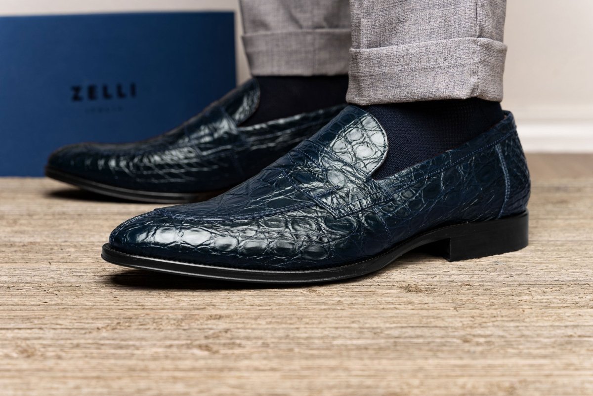 11 - 201 - Nvy Roma Crocodile Penny Loafer, Navy Shop by Zelli Italia – Don't Panic Shoes