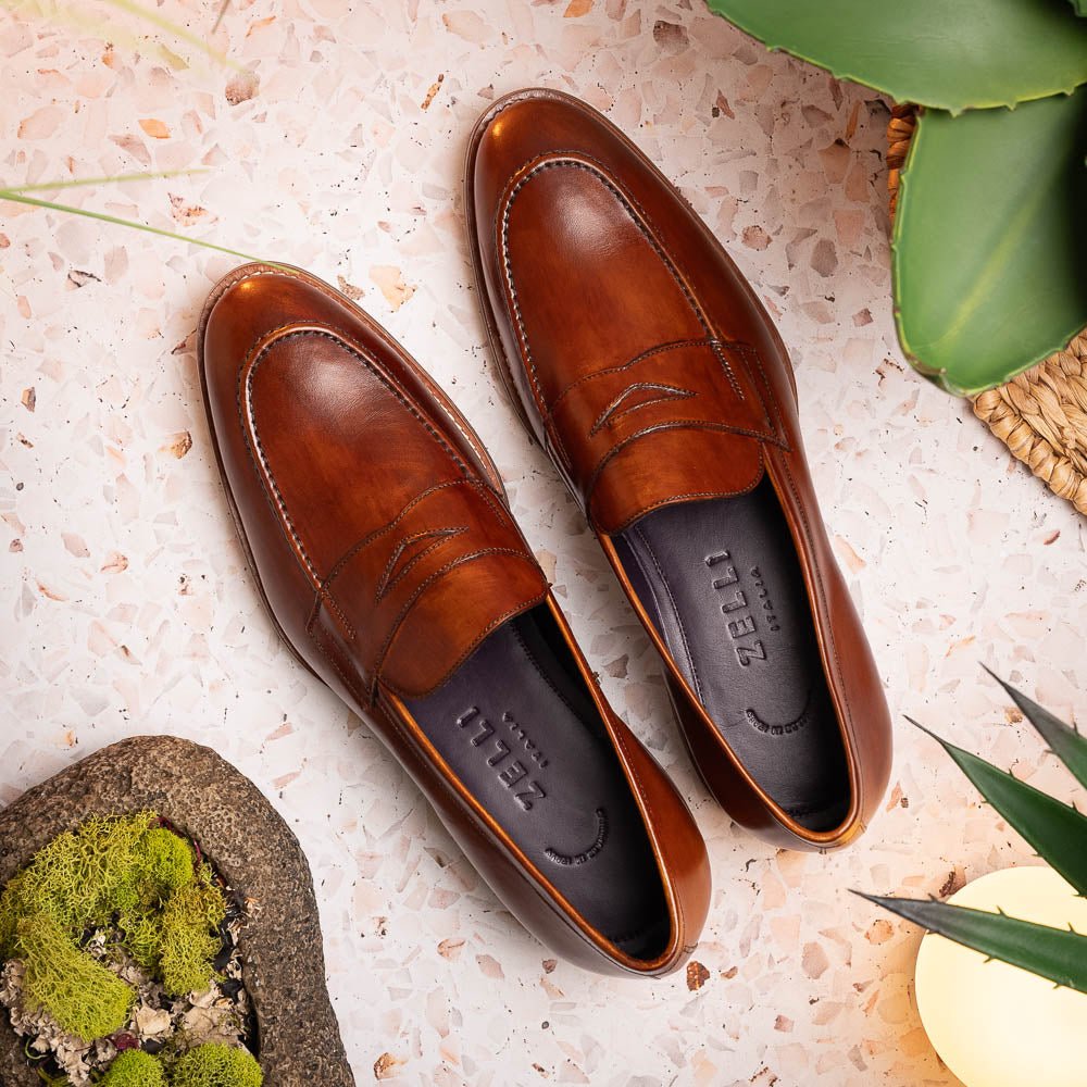15 - 400 - Cgn Roma Hand Burnished Calfskin Penny Loafer Cognac Shop by Zelli Italia – Don't Panic Shoes