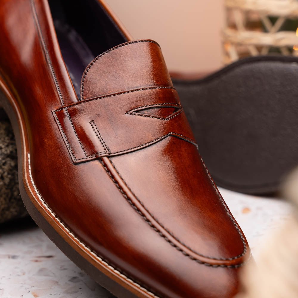 15 - 400 - Cgn Roma Hand Burnished Calfskin Penny Loafer Cognac Shop by Zelli Italia – Don't Panic Shoes