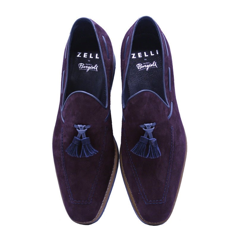 16 - 625 - Bdx Crawford Sueded Goatskin And Crocodile Tassel Loafer, Bordeaux Shop by Zelli Italia – Don't Panic Shoes