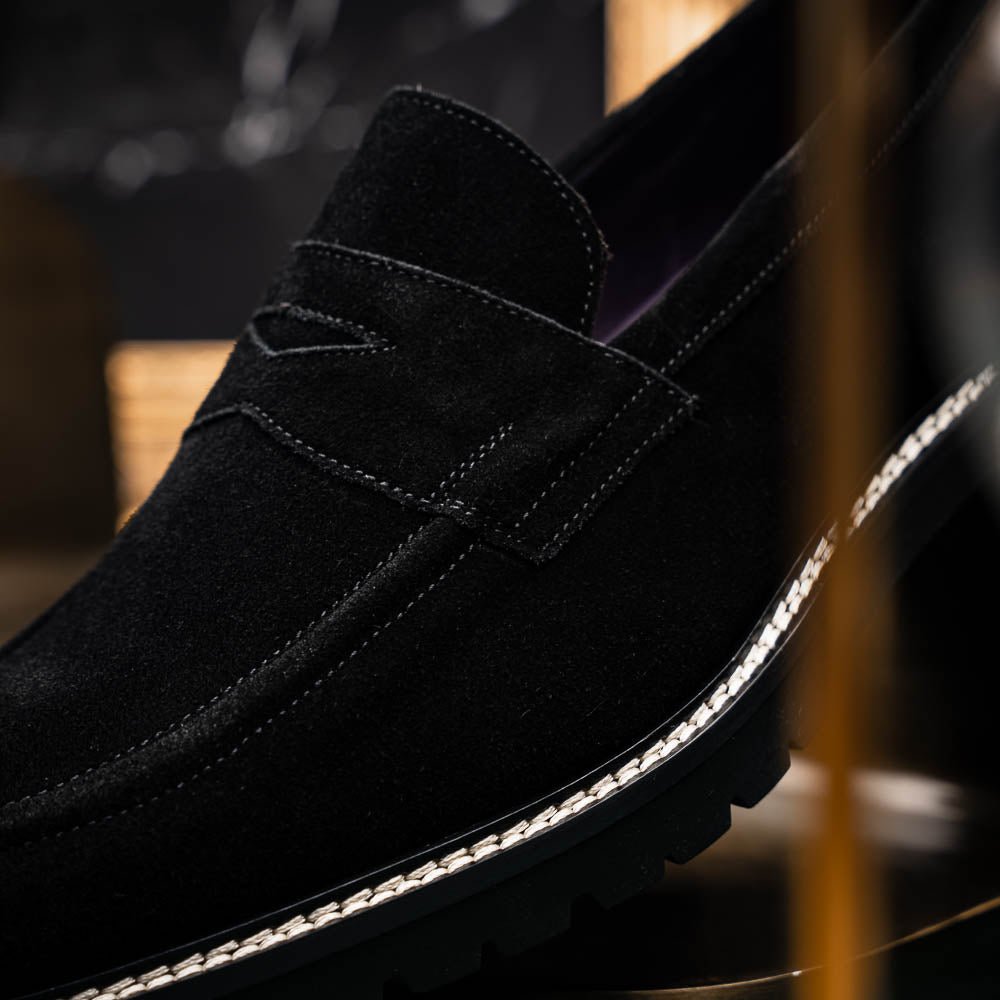 16 - 657 - Blk Roma Italian Suede Penny Loafers Black Shop by Zelli Italia – Don't Panic Shoes