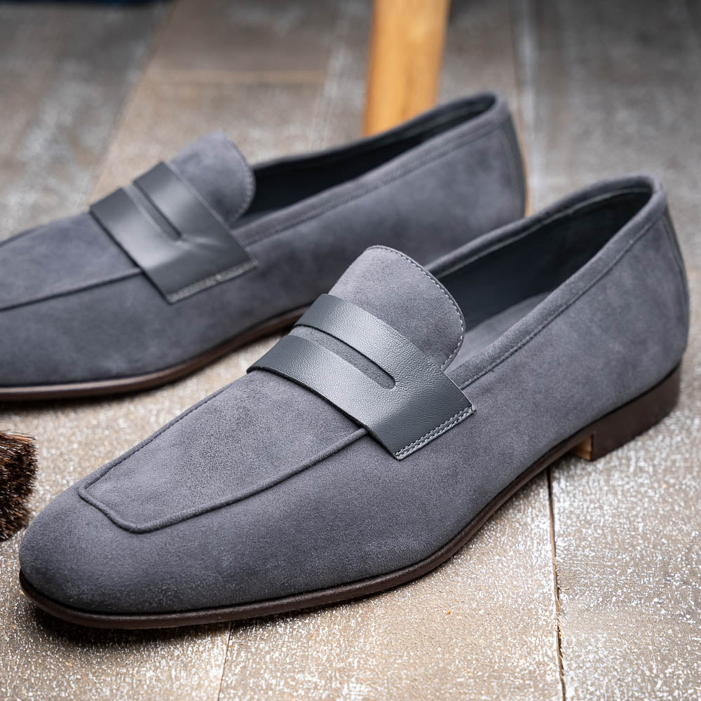 16 - 672 - Gry Tippa Suede And Calfskin Penny Loafers Grey Sale by Zelli Italia – Don't Panic Shoes