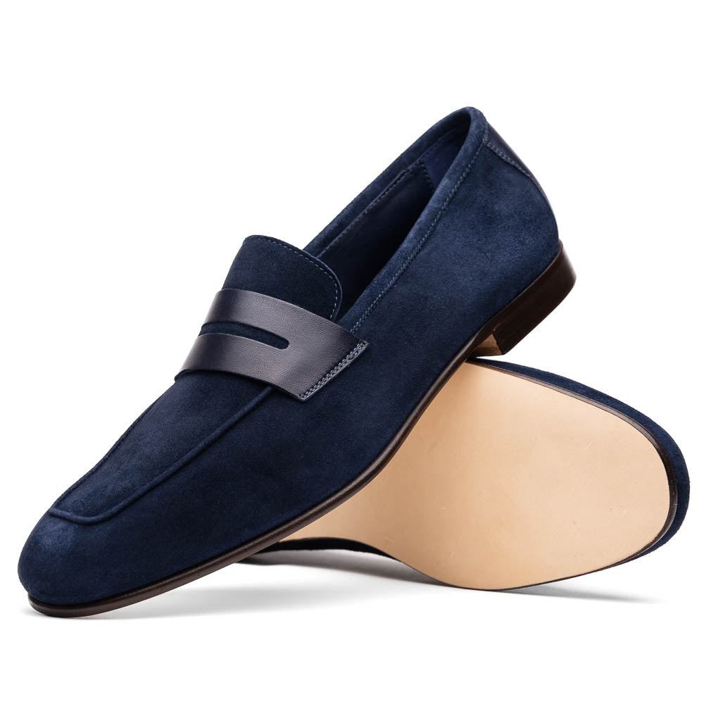 16 - 672 - Nvy Tippa Suede And Calfskin Penny Loafers Navy Shop by Zelli Italia – Don't Panic Shoes