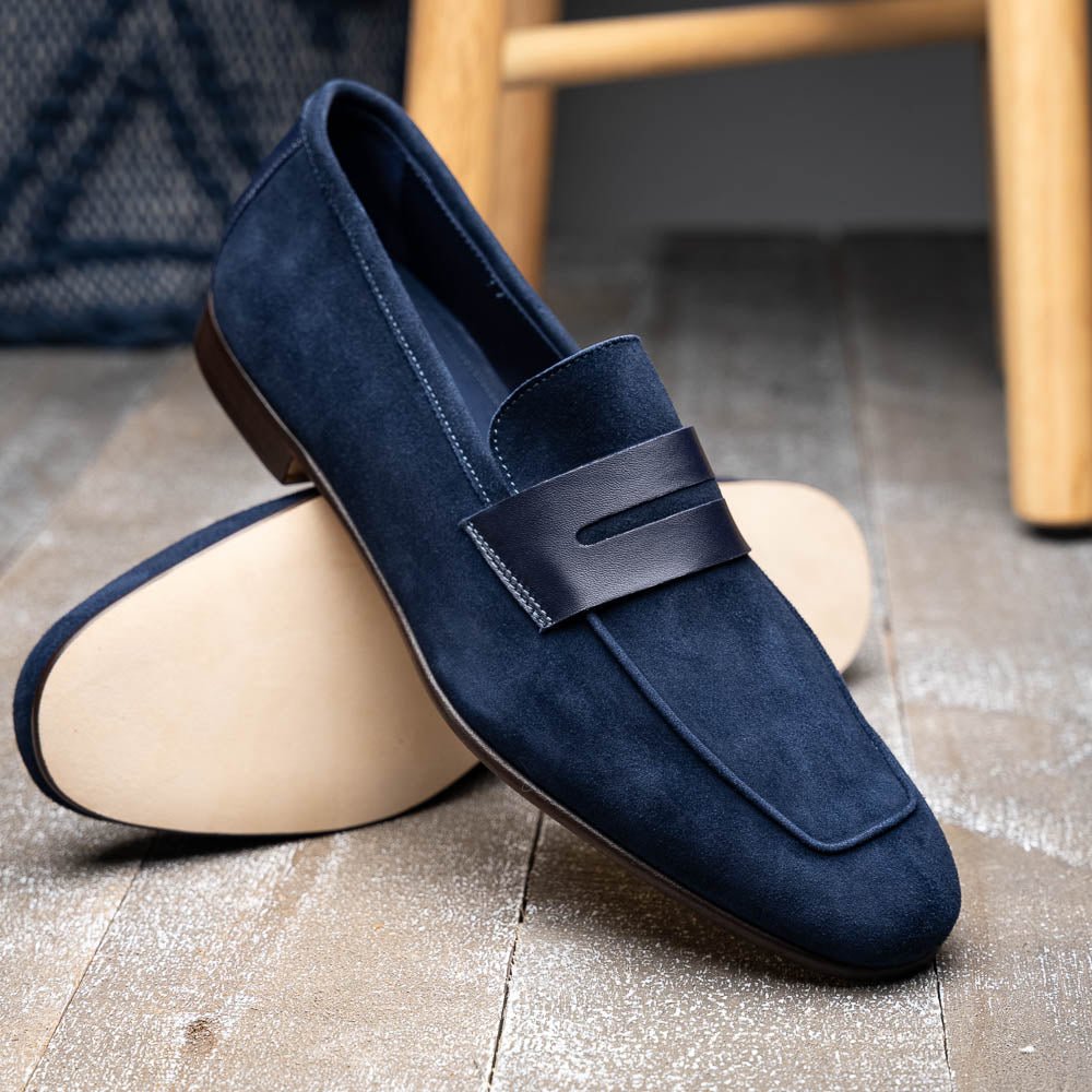 16 - 672 - Nvy Tippa Suede And Calfskin Penny Loafers Navy Shop by Zelli Italia – Don't Panic Shoes