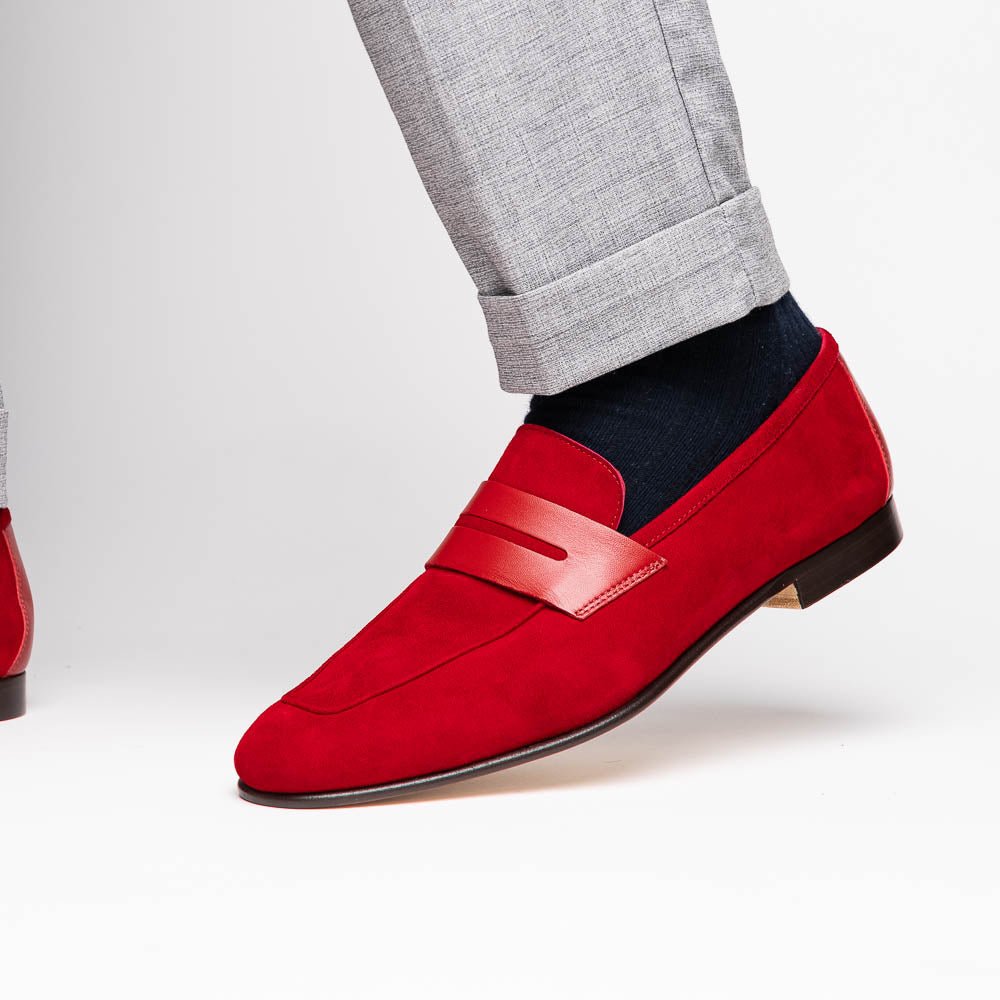 16 - 672 - Red Tippa Suede And Calfskin Penny Loafers Red Shop by Zelli Italia – Don't Panic Shoes