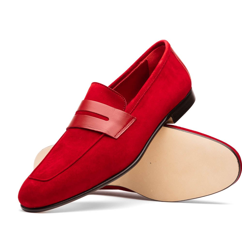16 - 672 - Red Tippa Suede And Calfskin Penny Loafers Red Shop by Zelli Italia – Don't Panic Shoes