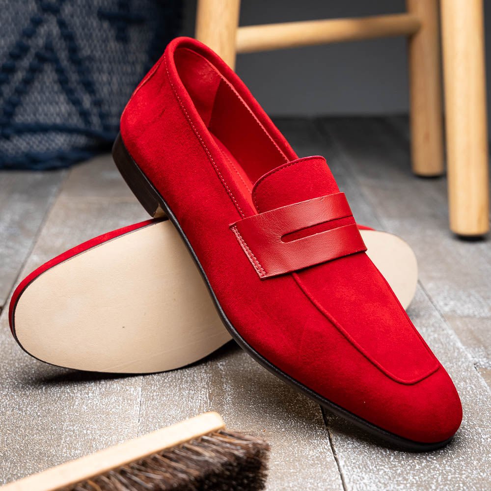 16 - 672 - Red Tippa Suede And Calfskin Penny Loafers Red Shop by Zelli Italia – Don't Panic Shoes