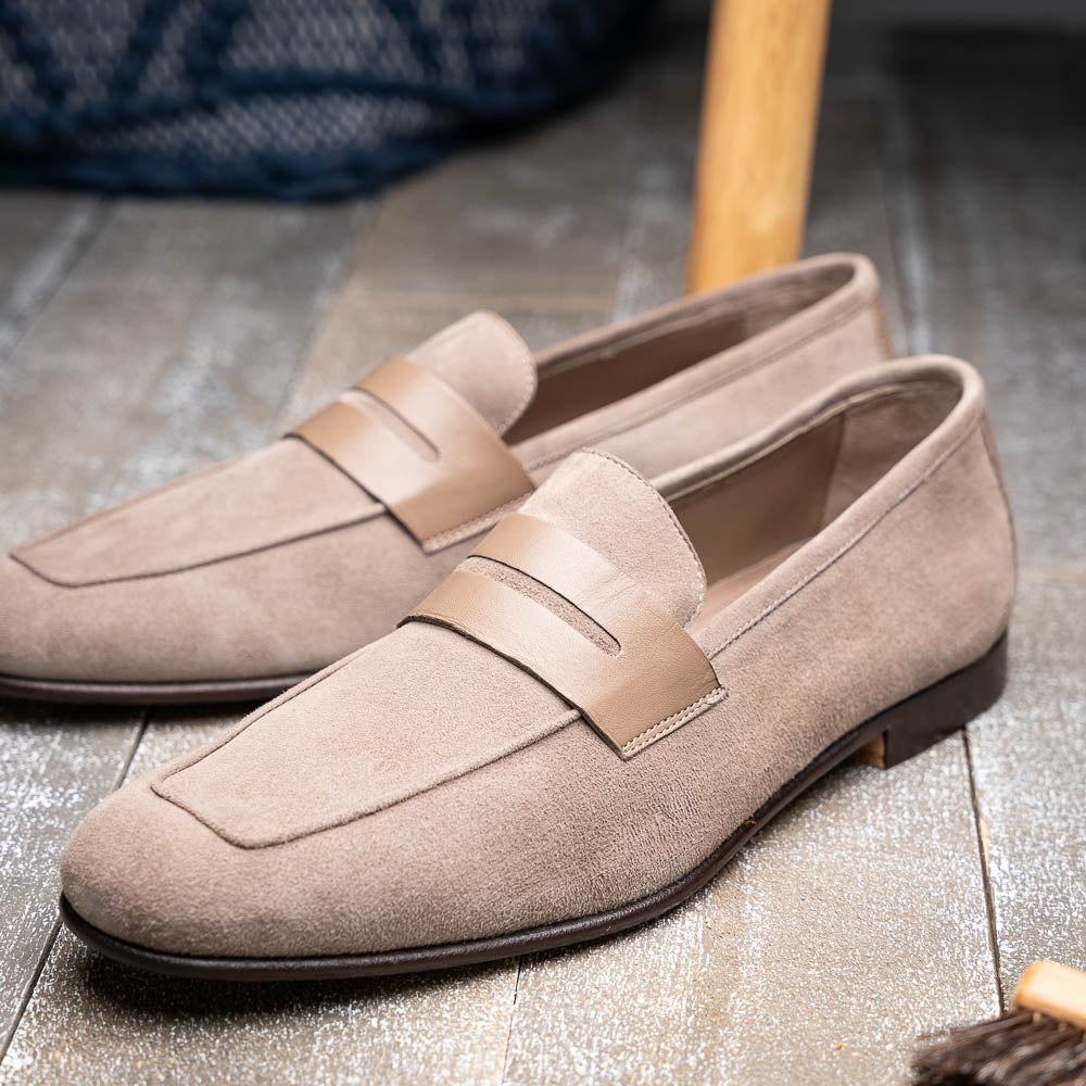 16 - 672 - Tpe Tippa Suede And Calfskin Penny Loafers Taupe Shop by Zelli Italia – Don't Panic Shoes