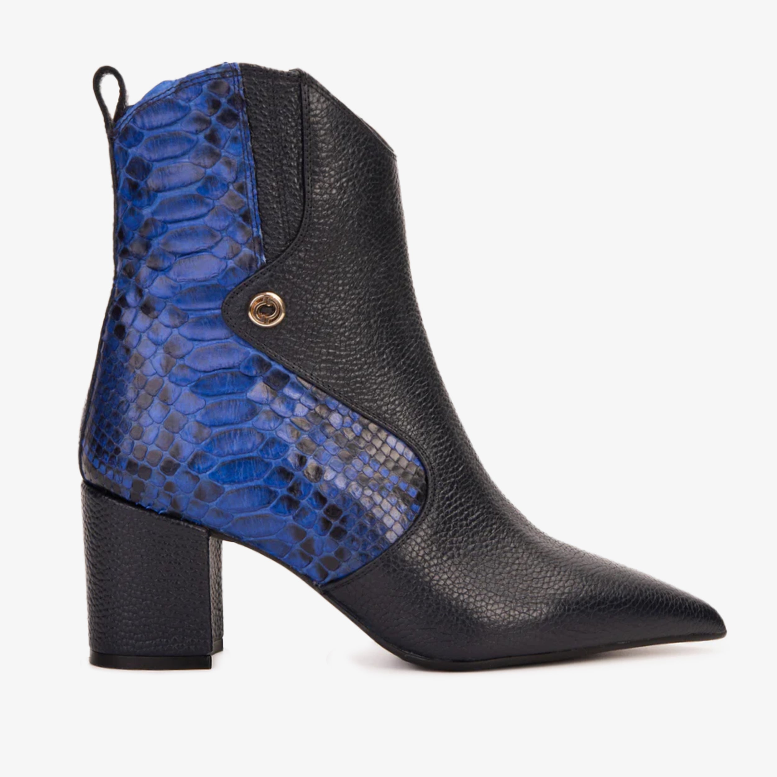 The Saturn Sax Blue Pythn Leather Block Heel Women Boot