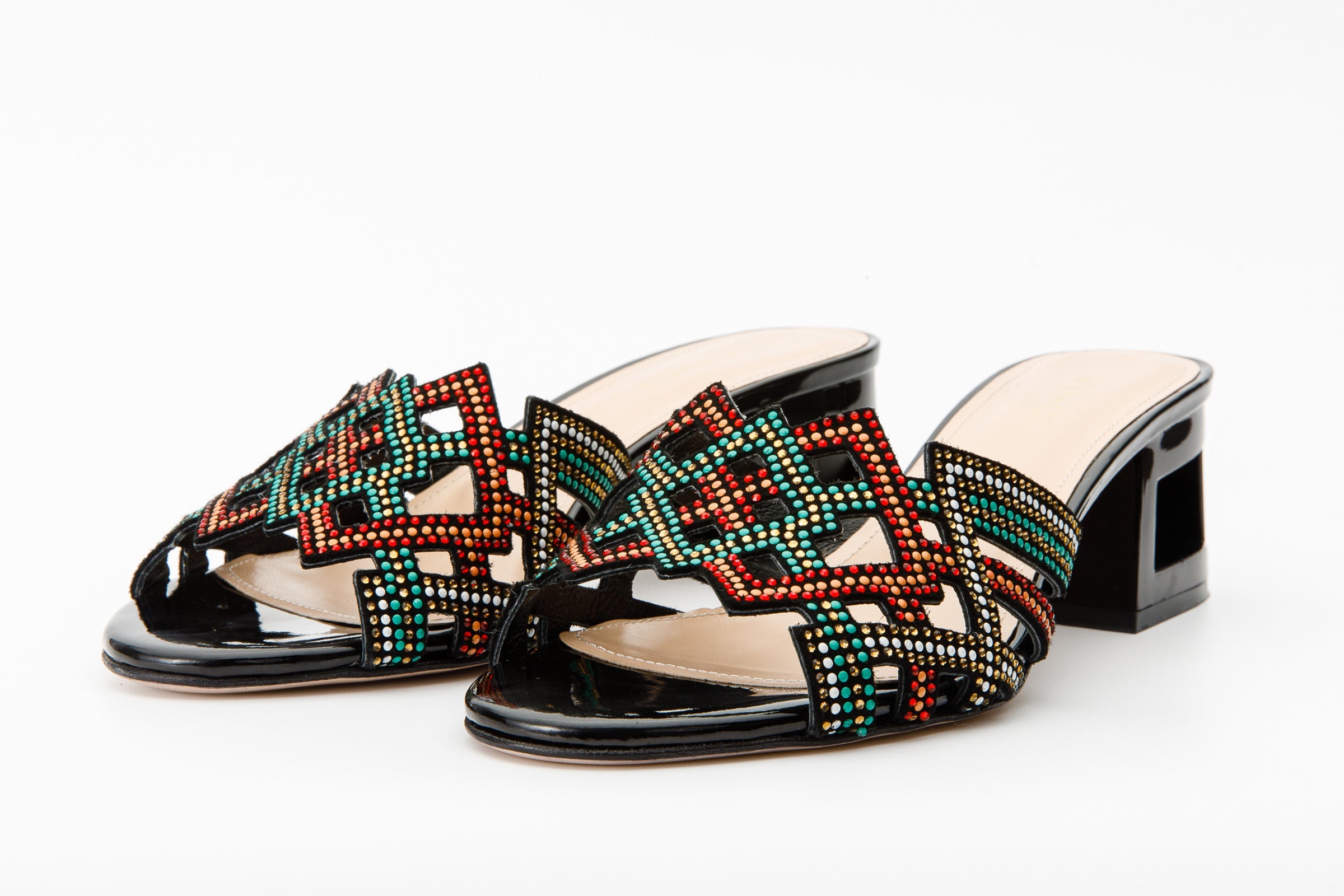 The Palma Black Glitter Leather Block Heel Women Sandal