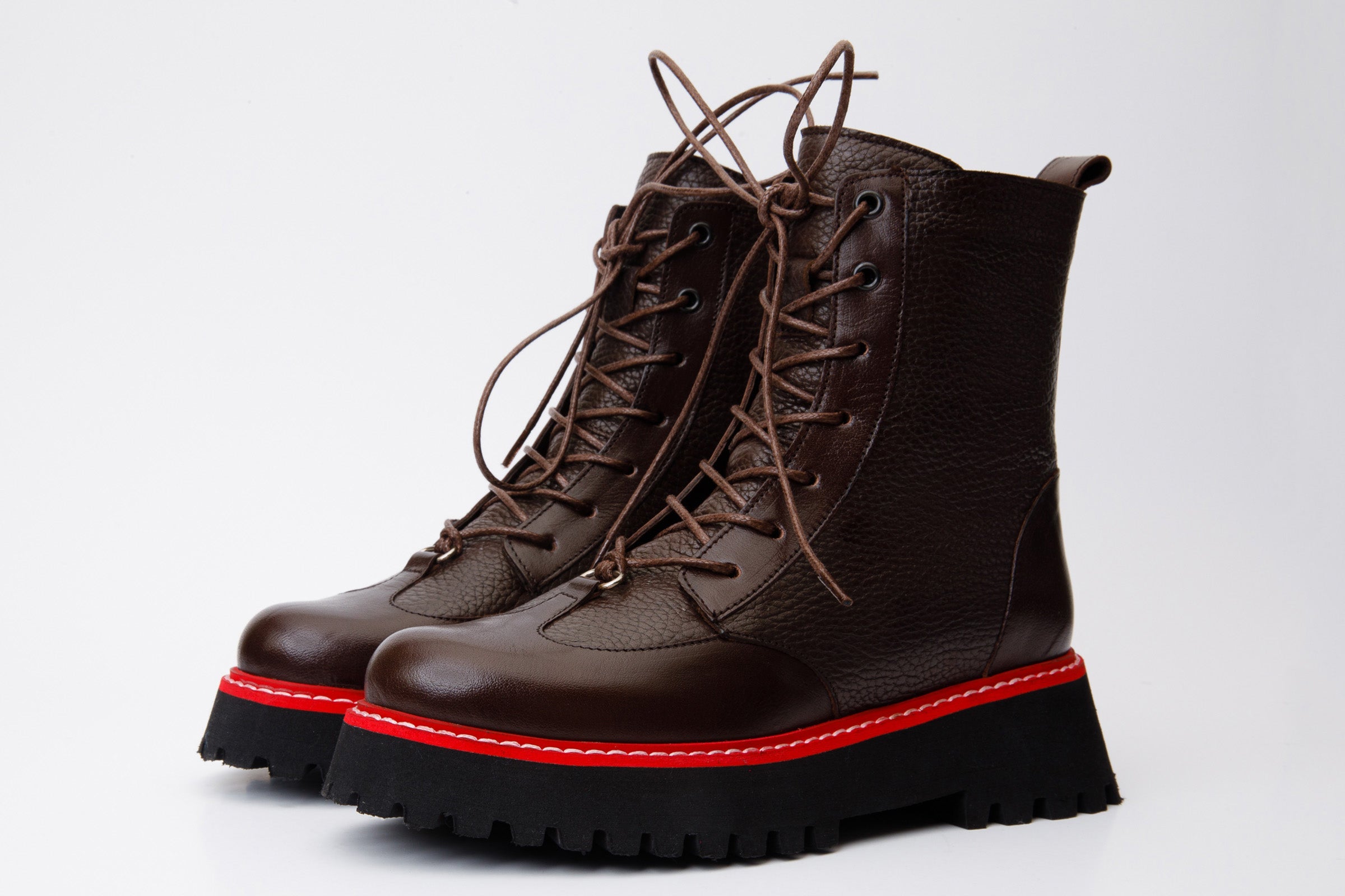 The Yildiz Brown Leather Lace-Up Ankle Women Boot With a Side Zipper