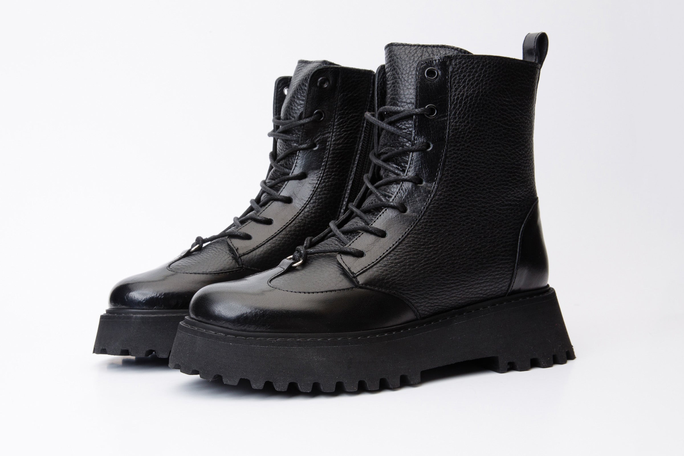 The Yildiz Black Leather Lace-Up Ankle Women Boot With a Side Zipper