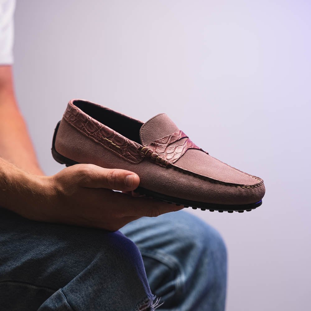 31 - 160 - Cdy Monza Sueded Calfskin With Crocodile Driver Candy Sale by Zelli Italia – Don't Panic Shoes