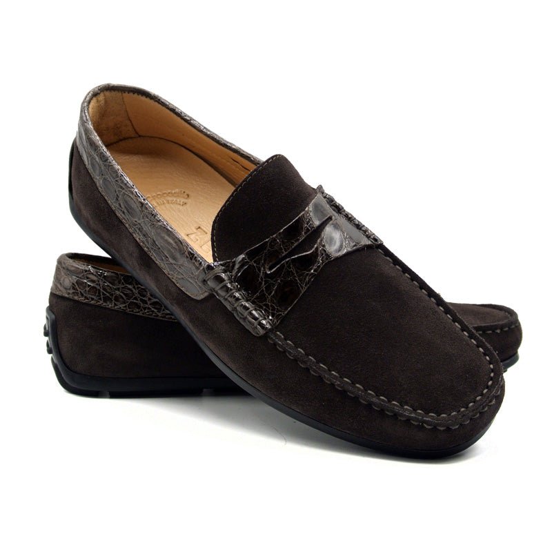 31 - 160 - Nic Monza Sueded Calfskin With Crocodile Driver, Nicotine Sale by Zelli Italia – Don't Panic Shoes