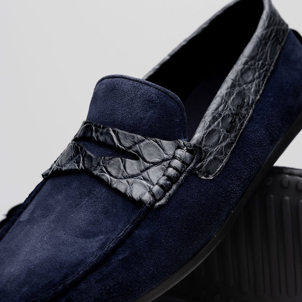 31 - 160 - Nvy Monza Sueded Calfskin With Crocodile Driver, Navy Shop by Zelli Italia – Don't Panic Shoes