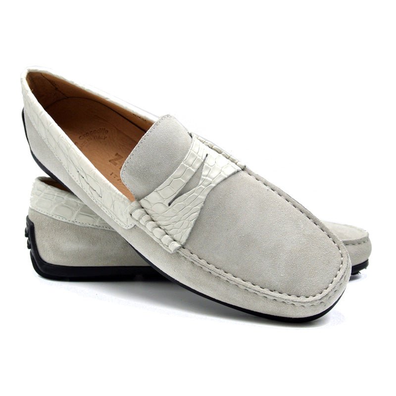 31 - 160 - Wht Monza Sueded Calfskin With Crocodile Driver, White Sale by Zelli Italia – Don't Panic Shoes