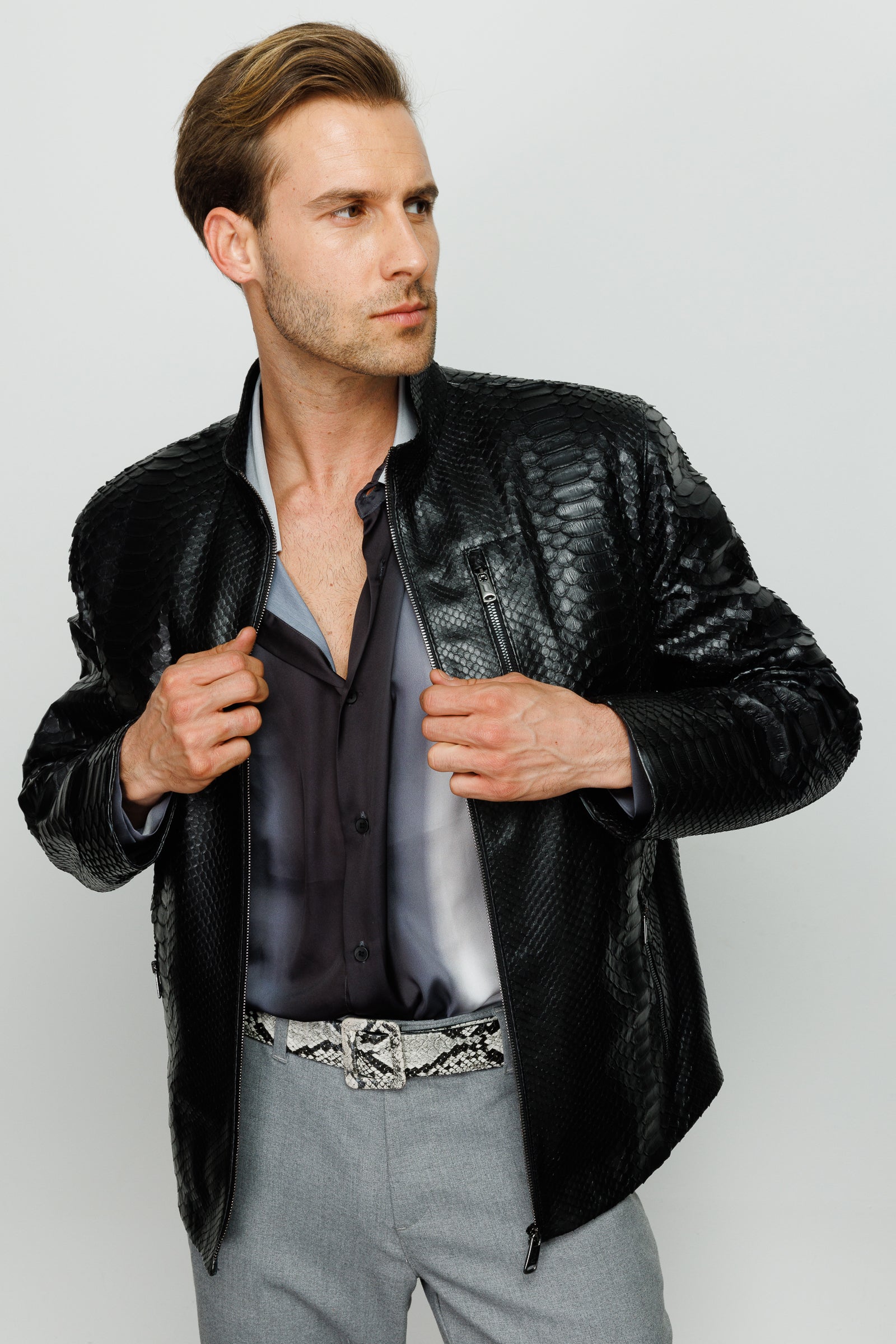 Vinci Leather Shoes The Boss Pythn Black Leather Men Jacket