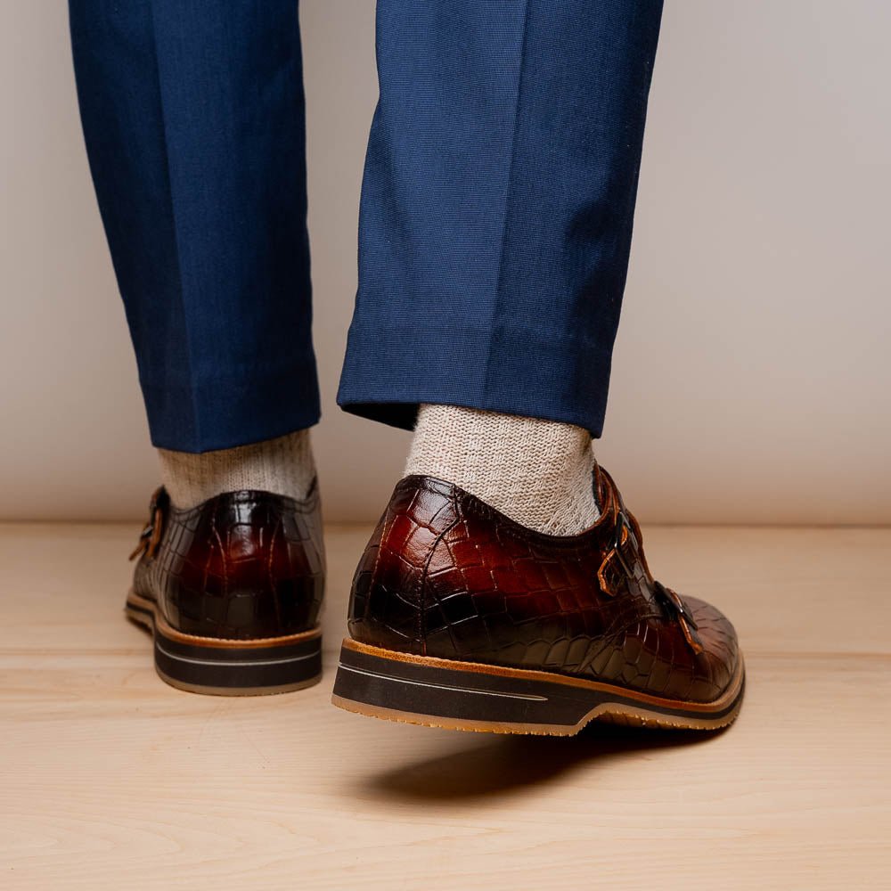 55 - 112 - Cgn Legerra Hand Burnished Crocodile Print Monkstrap Cognac Shop by Zelli Italia – Don't Panic Shoes