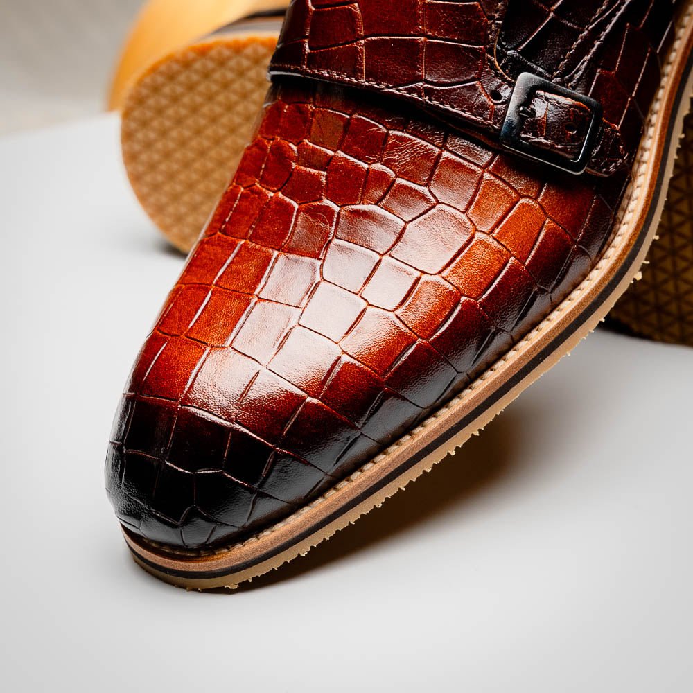 55 - 112 - Cgn Legerra Hand Burnished Crocodile Print Monkstrap Cognac Shop by Zelli Italia – Don't Panic Shoes