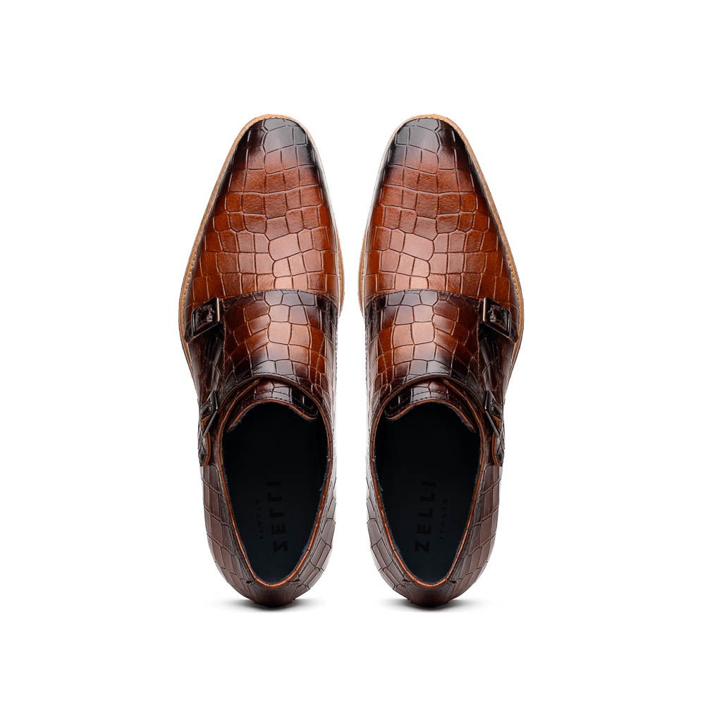 55 - 112 - Cgn Legerra Hand Burnished Crocodile Print Monkstrap Cognac Shop by Zelli Italia – Don't Panic Shoes