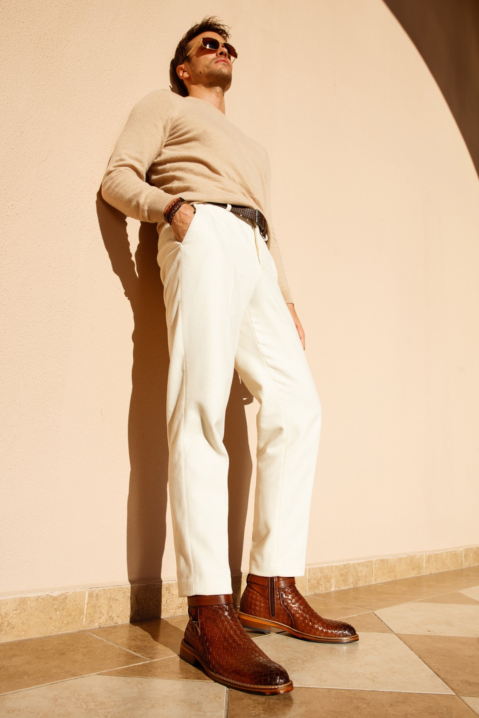 The Morral Tan Handwoven Leather Cross Strap Buckle Zip-Up Men Boot