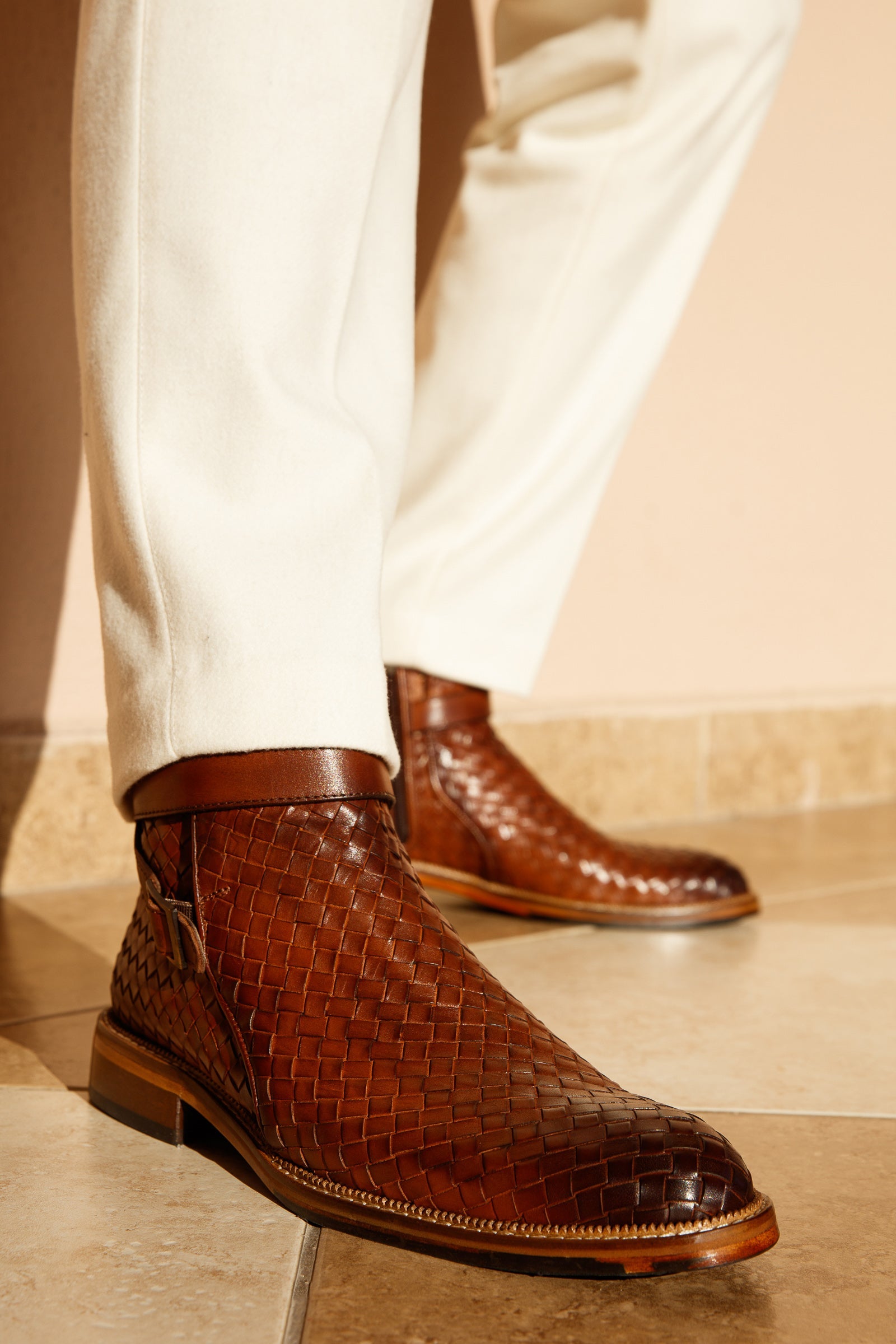 The Morral Tan Handwoven Leather Cross Strap Buckle Zip-Up Men Boot