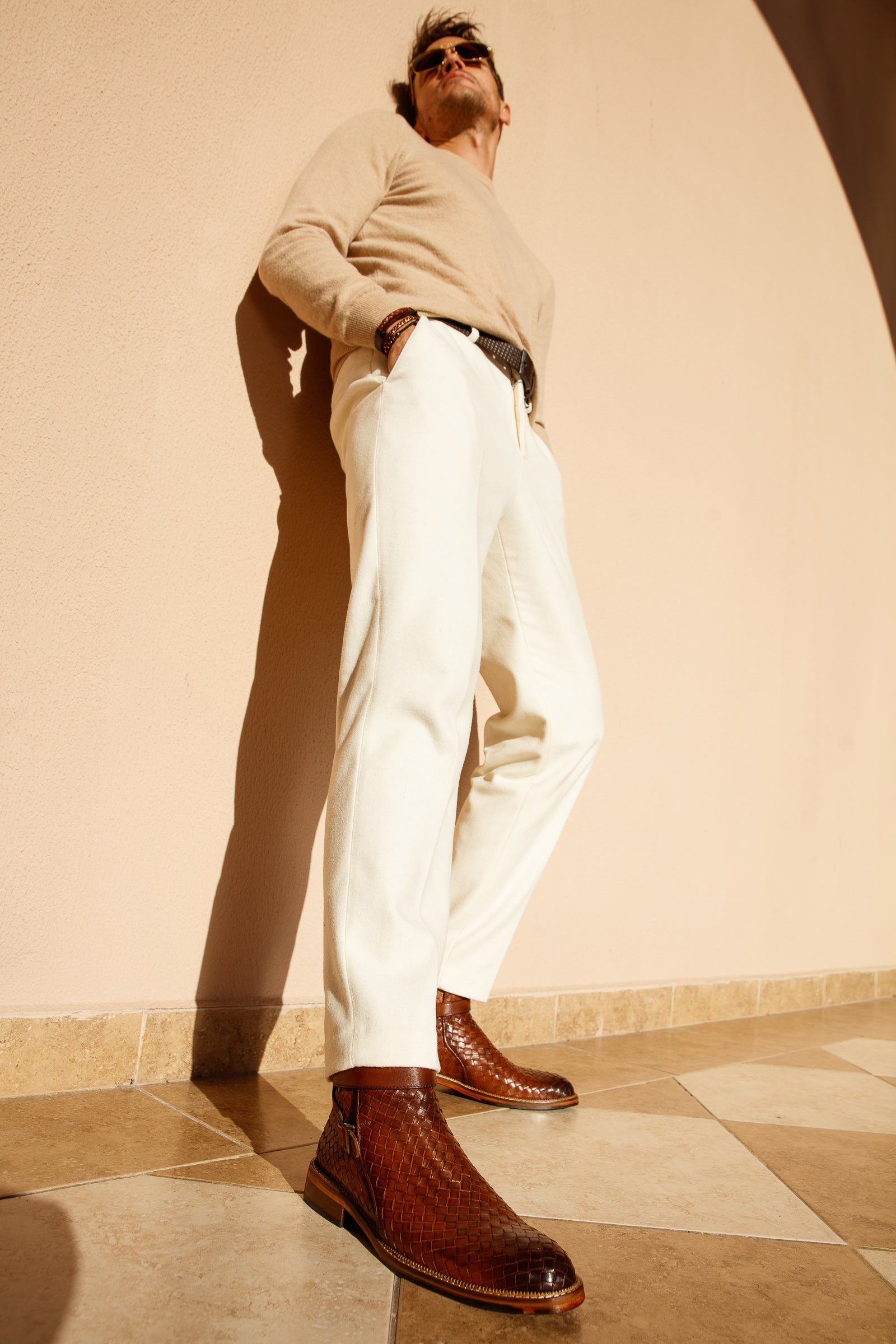 The Morral Tan Handwoven Leather Cross Strap Buckle Zip-Up Men Boot