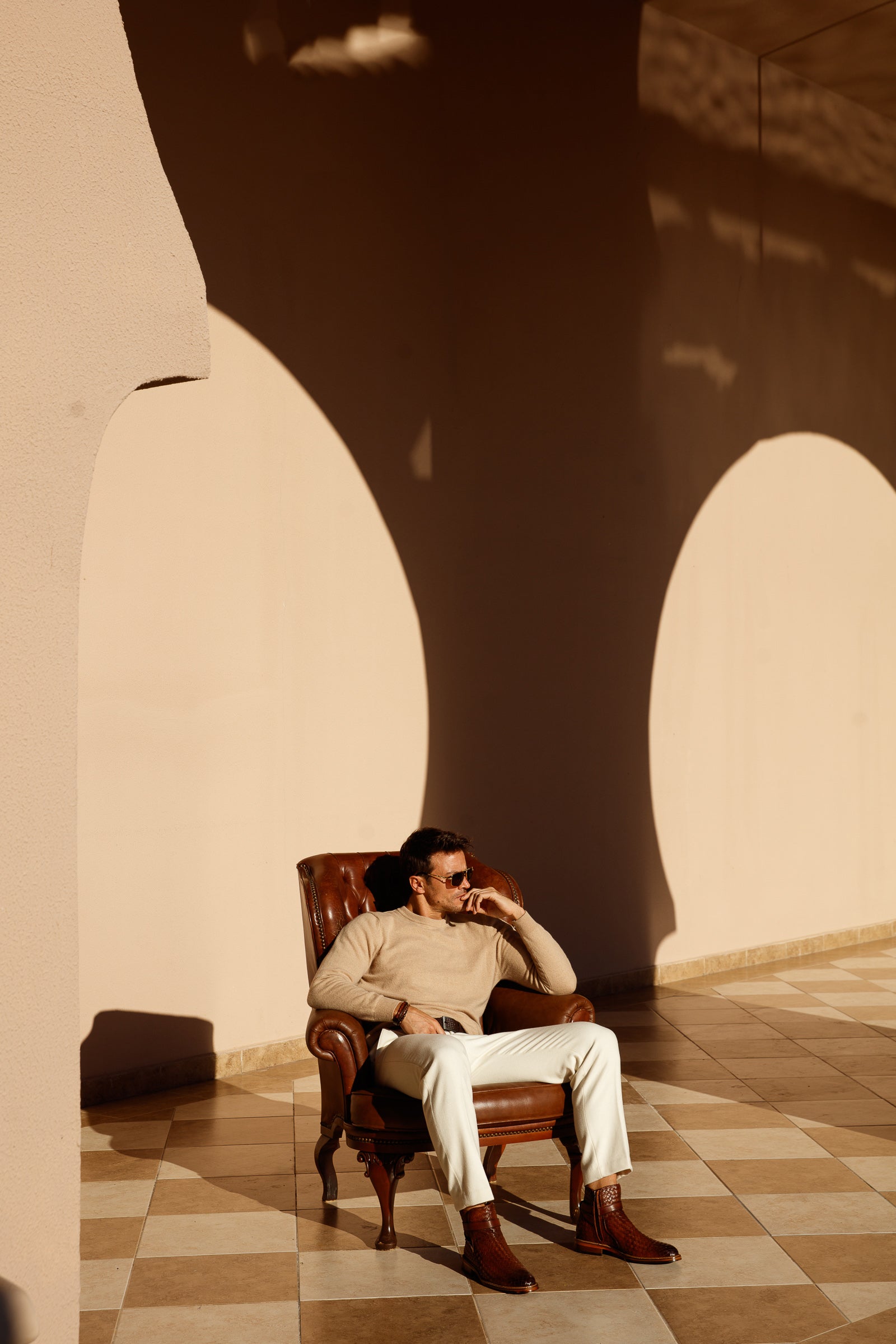 The Morral Tan Handwoven Leather Cross Strap Buckle Zip-Up Men Boot