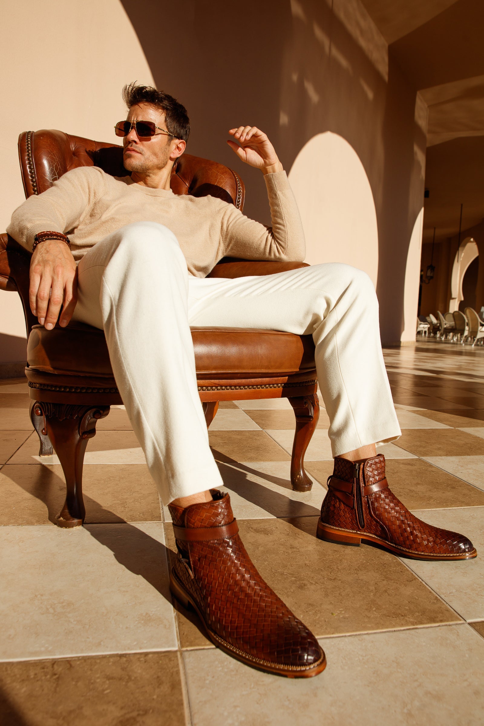 The Morral Tan Handwoven Leather Cross Strap Buckle Zip-Up Men Boot