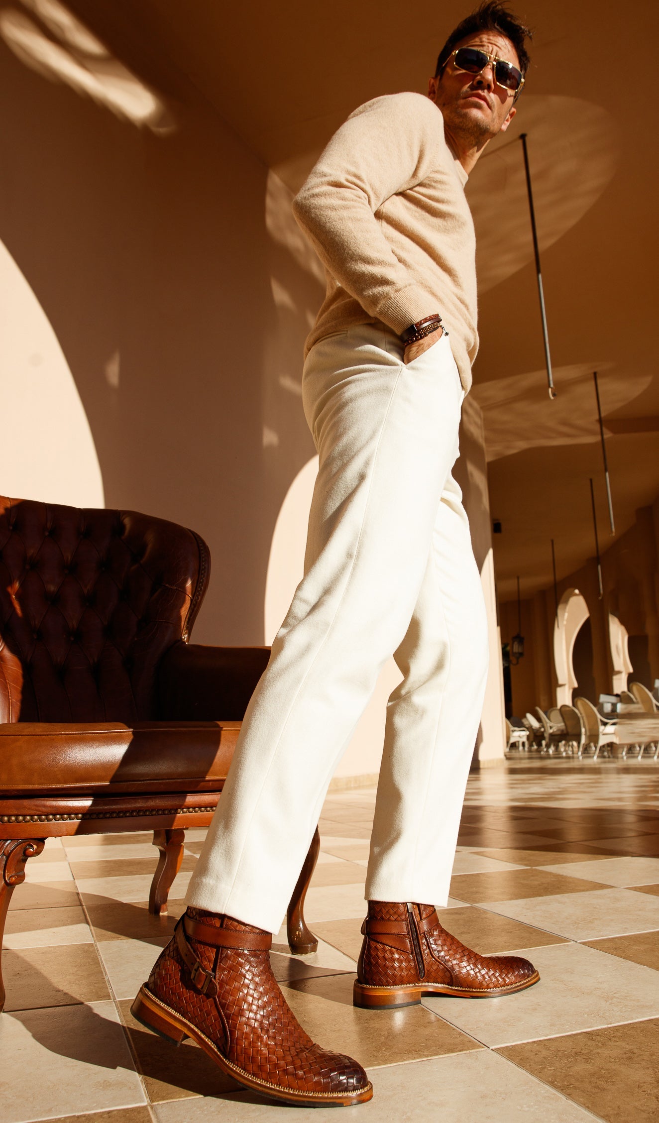 The Morral Tan Handwoven Leather Cross Strap Buckle Zip-Up Men Boot