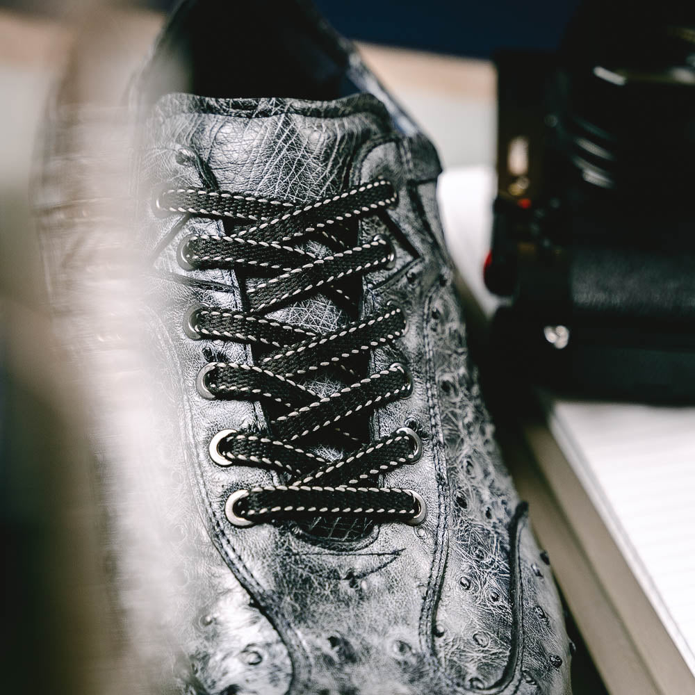 63 - 112 - Blk Rio Ostrich Quill Sneakers, Black Denim Shop by Zelli Italia – Don't Panic Shoes
