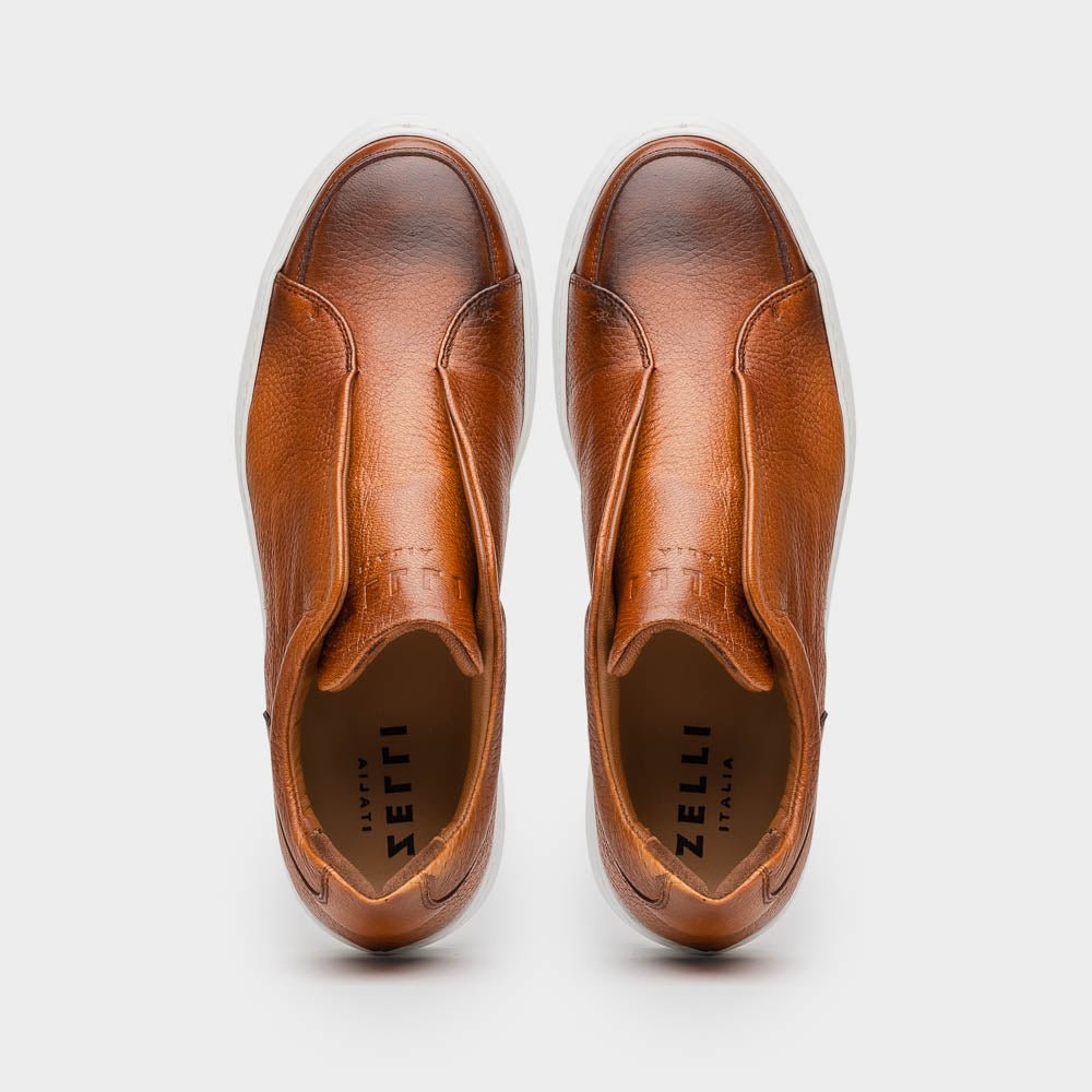 65 - 225 - Cgn Spettacolare Italian Pebble Grain Calfskin Sneakers Cognac Shop by Zelli Italia – Don't Panic Shoes