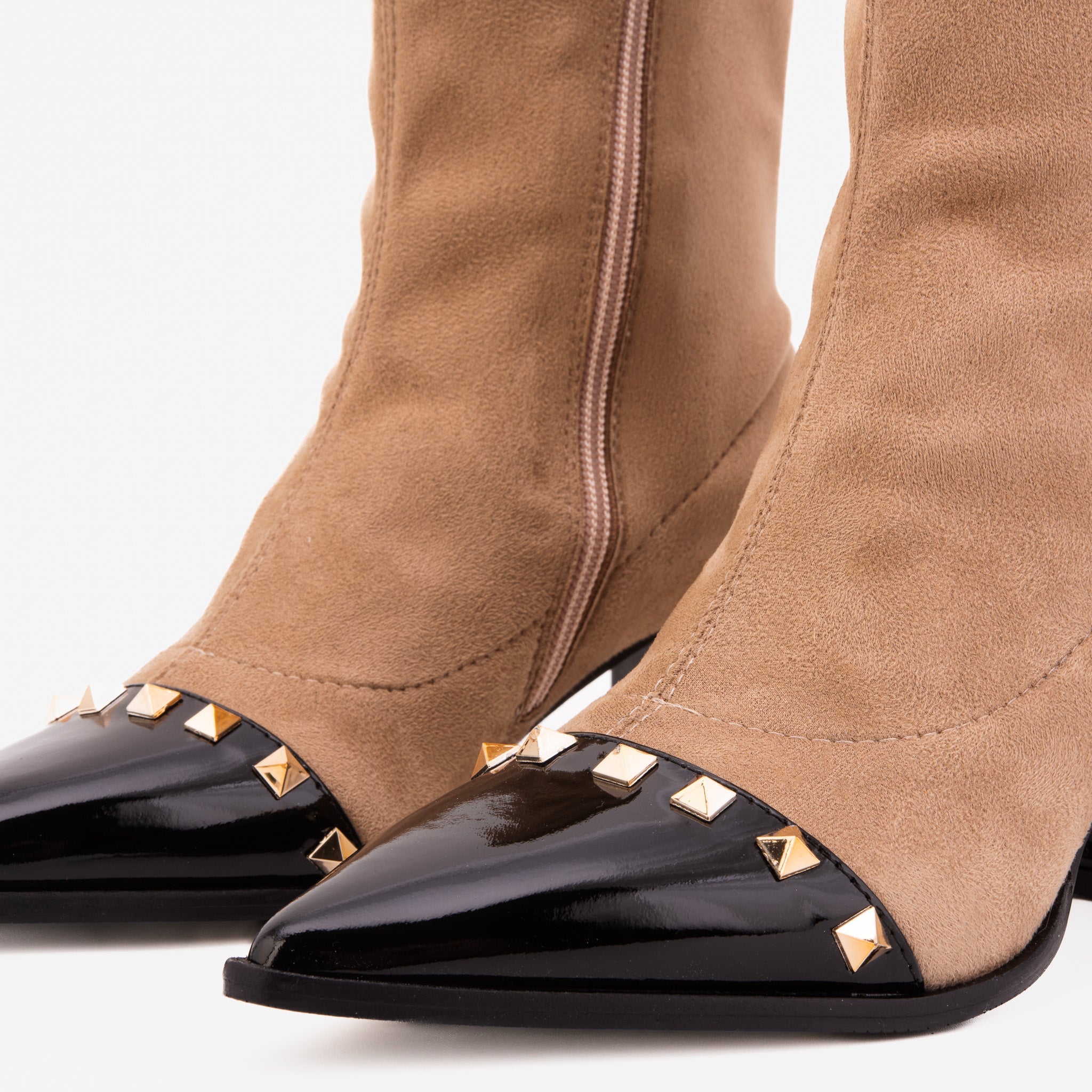 Vinci Leather Shoes The Amethyst Studded Beige & Black Suede Leather Women’s Boot