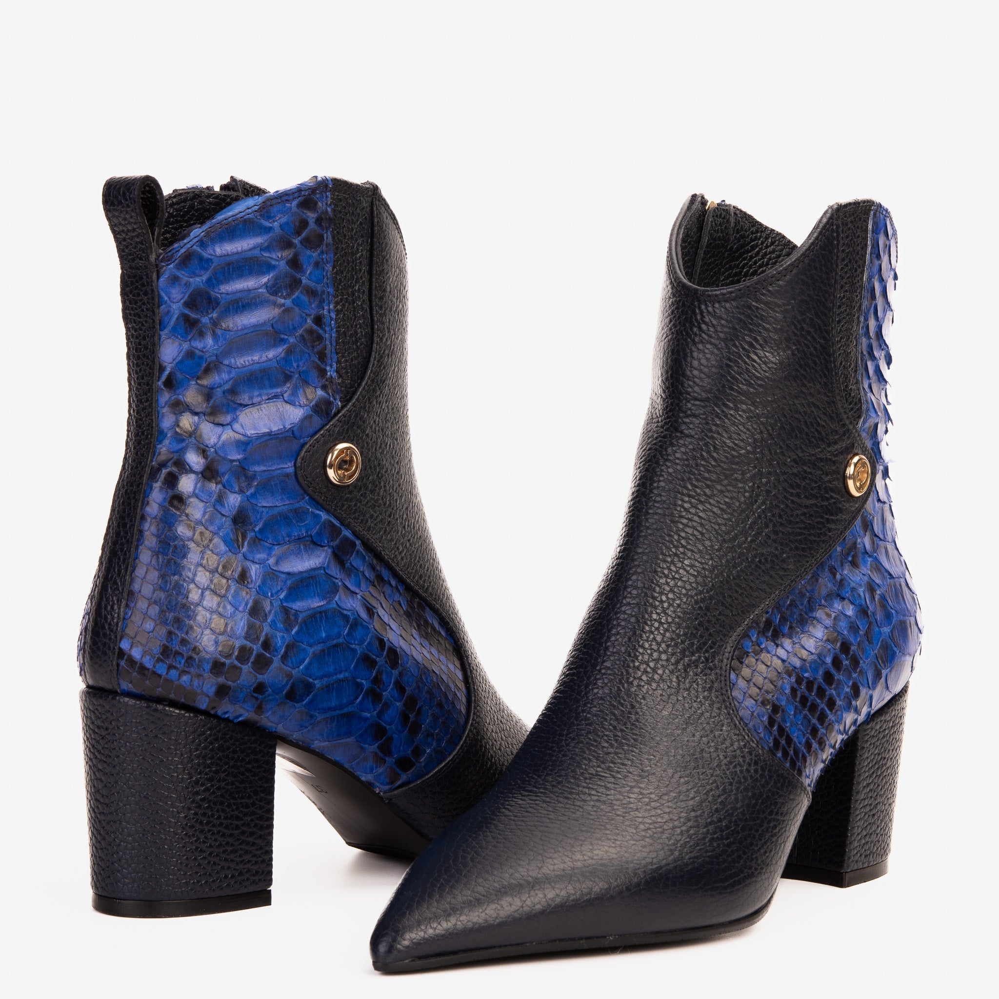 The Saturn Sax Blue Pythn Leather Block Heel Women Boot