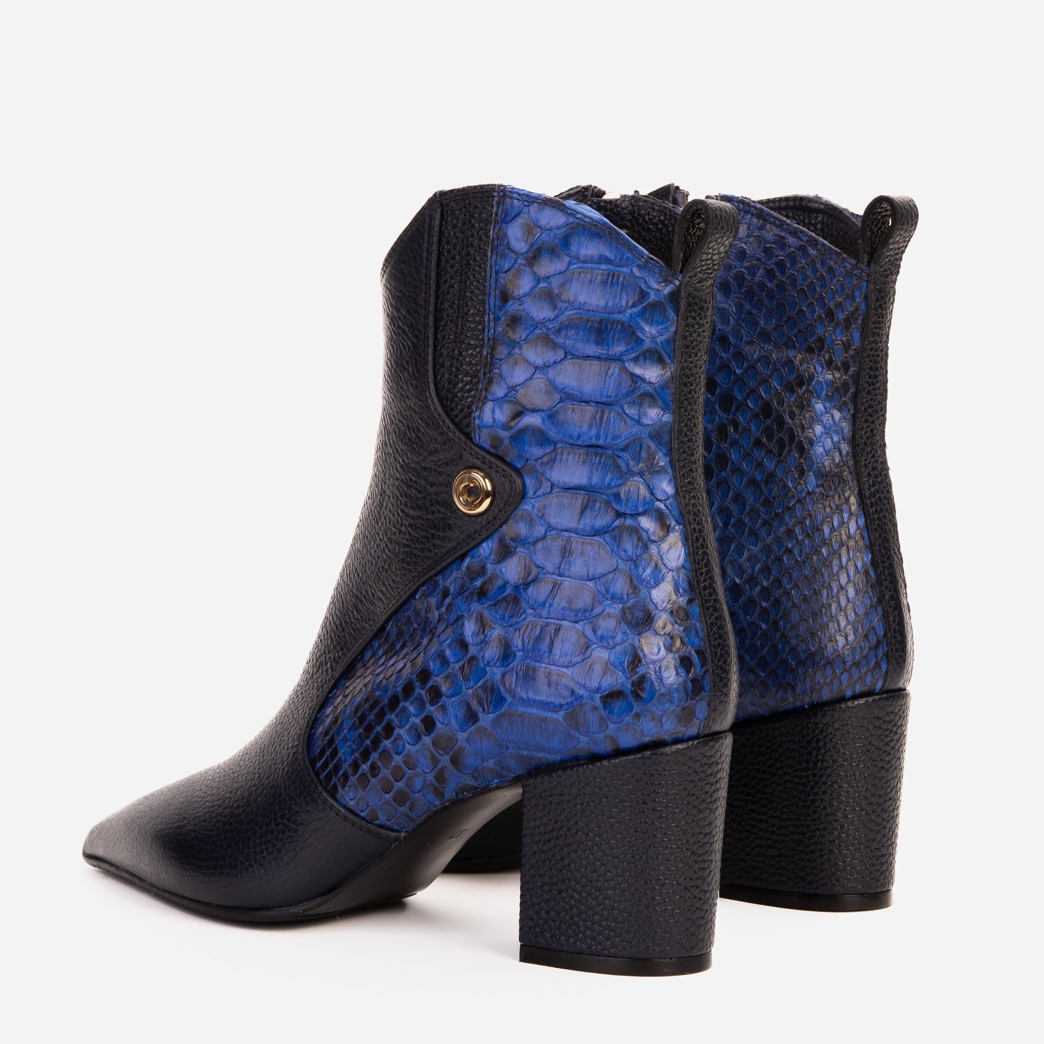 The Saturn Sax Blue Pythn Leather Block Heel Women Boot