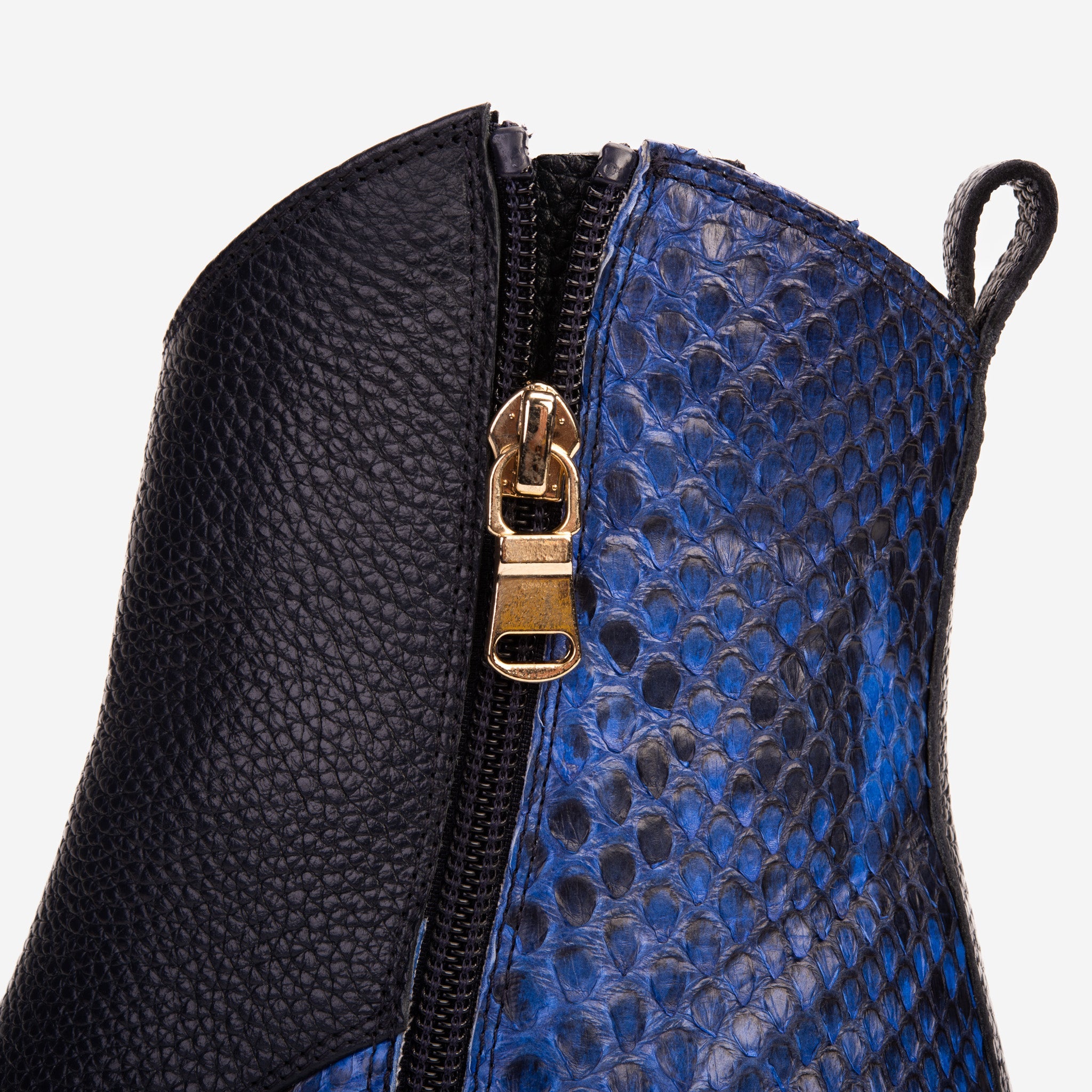 The Saturn Sax Blue Pythn Leather Block Heel Women Boot