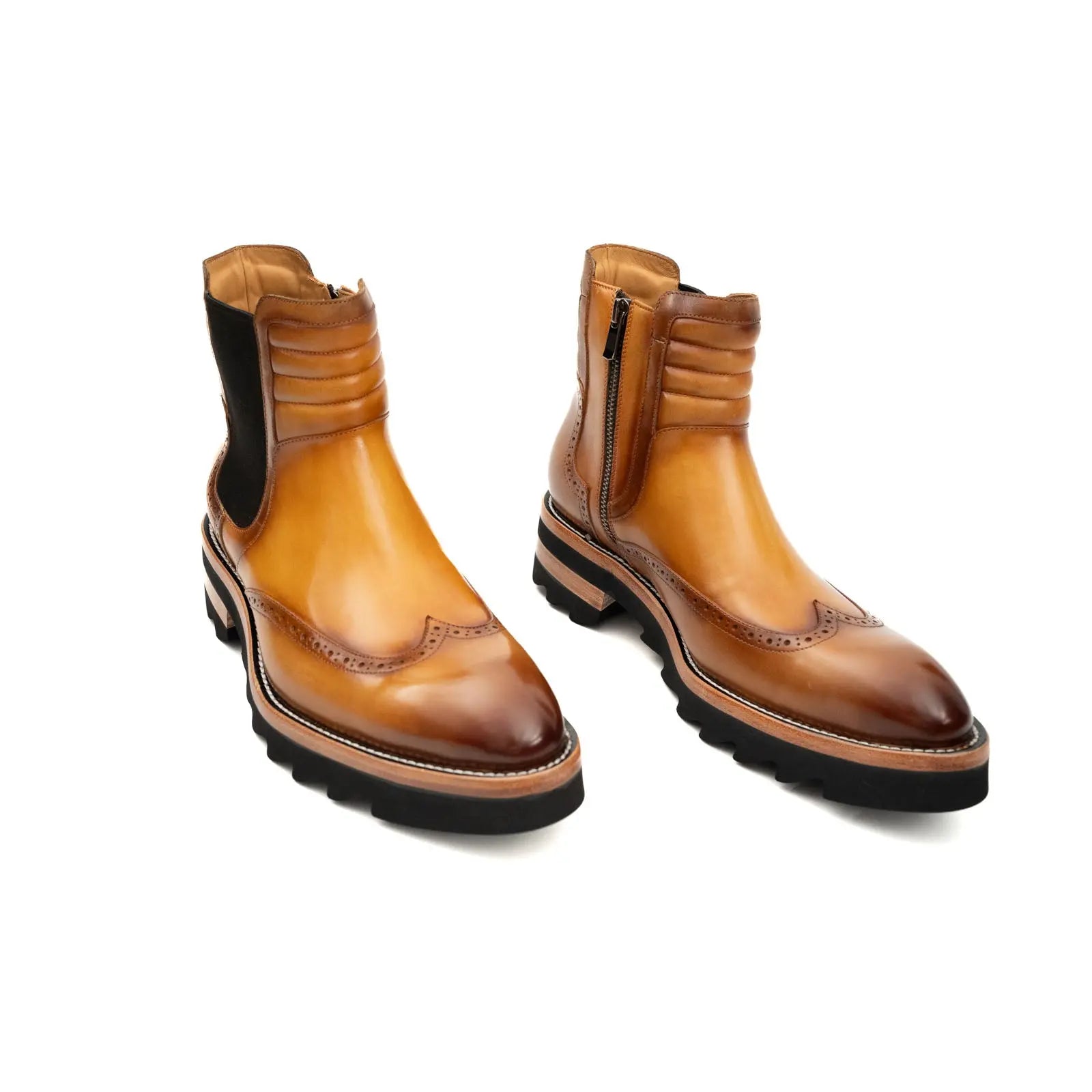 DIVINCH Burnished Calfskin Brogue Platform Chelsea Boot Cognac