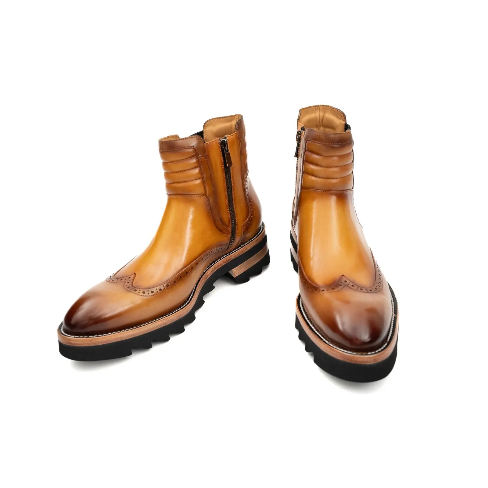 DIVINCH Burnished Calfskin Brogue Platform Chelsea Boot Cognac