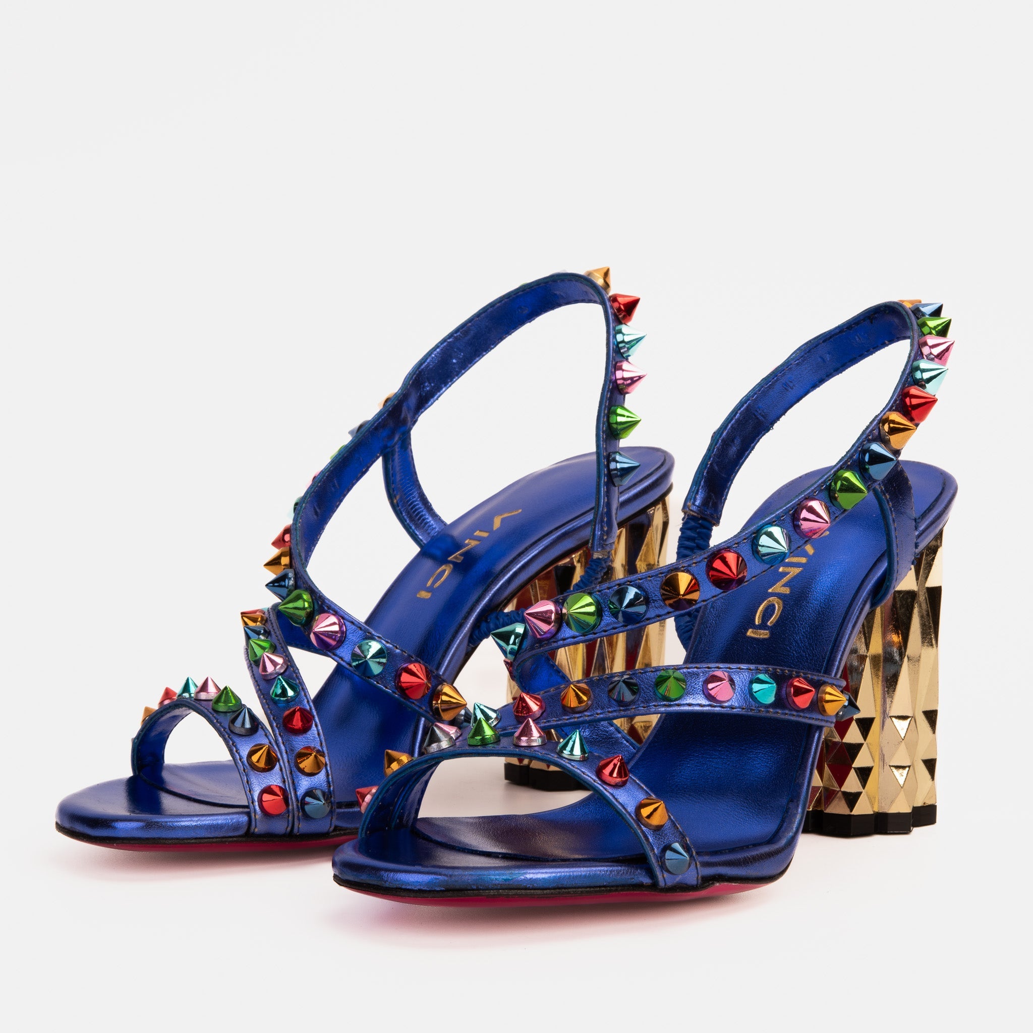 The Caris Sax Blue Block Heel Spike Leather Women Sandal Final Sale!