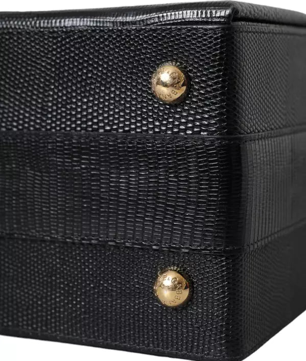 DOLCE & GABANA BLACK LIZARD EMBOSSED CALFSKIN LEATHER DOUBLE BOX BAG