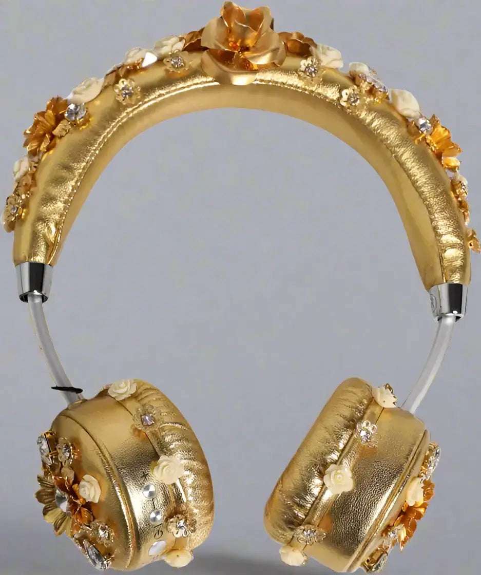 Dolce & Gabbana Gold Leather Floral Crystal Angel Headset Headphones