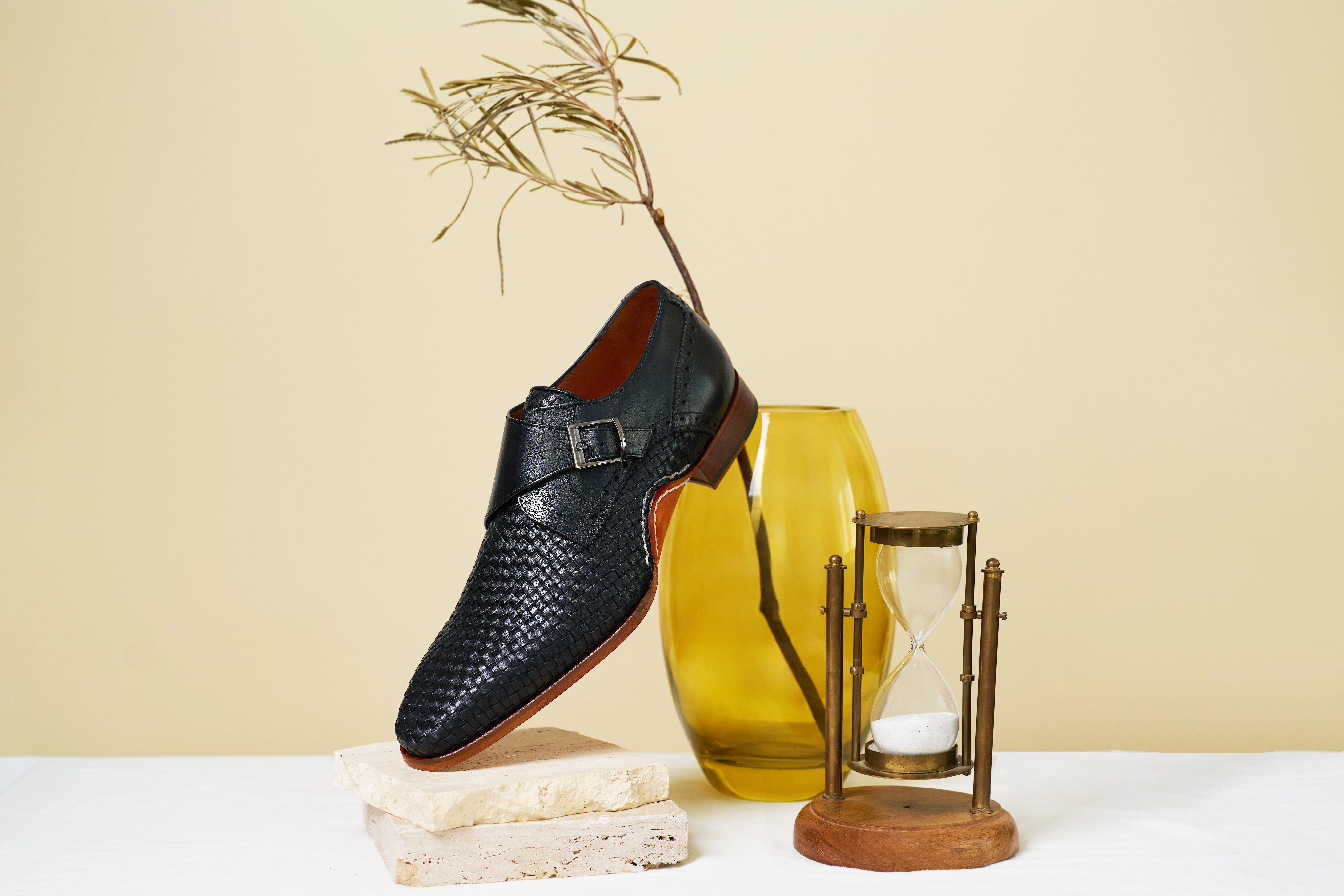 The Rolls Woven Black Leather Single Monk Strap Handmade Men Shoe