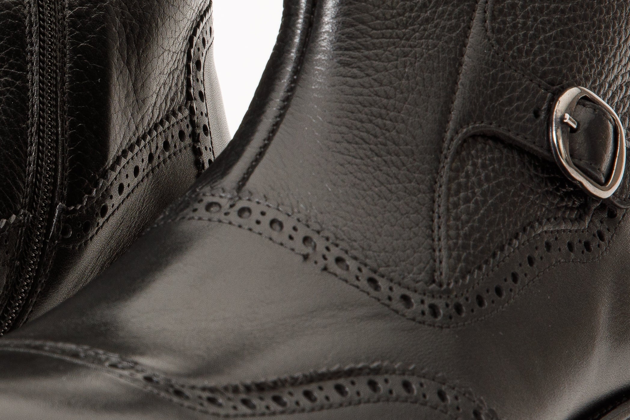 The Rand Black Leather Double Buckle Brogue Men Boot with a Zipper